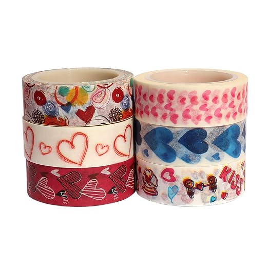 6 Rolls Heart Washi Tape Set, Sweet Heart Washi Masking Tape, 0.6 x 23ft Decorative Washi Tape for Scrapbooking, Valentine's Day Wedding Anniversary