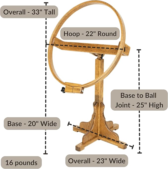 dutchcrafters solid oak wood 22 inch round extra large tilting quilt hoop with stand, quilting frame for hand quilting - amish made in america (medium walnut)
