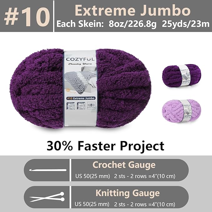 Chunky Yarn for Hand Knitting - #10 Chunky Chenille Yarn, Jumbo Big Thick Chunky Yarns for Crocheting, Super Bulky Chunky Knit Blanket Yarns, 8 Skein (25yd, 8oz/Skein), Multi Purple