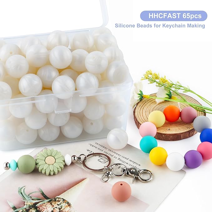 65Pcs 19mm Silicone Beads for Keychain Making Bracelet Necklace, Bulk Round Silicone Beads for Pens（Metall White）