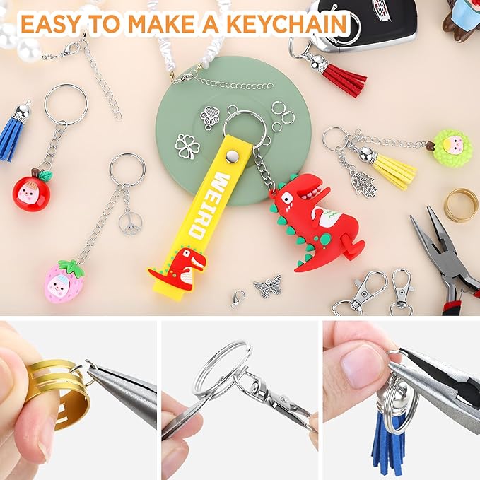 funtopia 740pcs keychain making kit, key chain supplies including keychain clip, key rings, lobster claw clasps, jump rings, pliers, tassels for key chain making, purse making, lanyard making