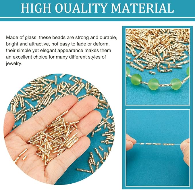 PH PandaHall 1600Pcs 4 Sizes Glass Bugle Beads, Golden Long Tube Seed Bead 5/6/9/12x2mm Loose Spacer Bead with 0.5mm Round Hole for Earring Bracelet Neckalce Jewelry DIY Craft Making Dress Decor