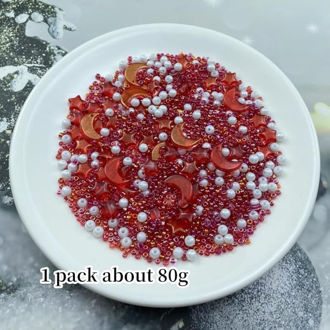 Assorted Glass Beads for Jewelry Making Multi Size Colors Glass Star Moon Seed Pearl Spacer Beads for Bracelets Necklace Earring Making(White Red)