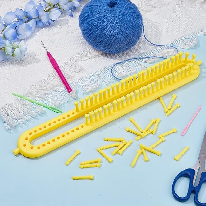 Hobbspring Knitting Loom Set Rectangular Knitting Board Loom Plastic Darning Needle Crochet Yellow Scarf Looms Long Hats Shawl Making Tool DIY Yarn Weaving Kits for Women Adults Beginners 13.9x2in