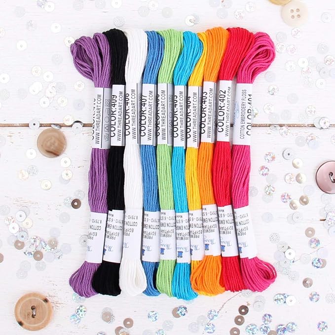 ThreadArt Premium Egyptian Long Fiber Cotton Embroidery Floss Thread Kit in Rainbow Bright Colors - Six Strand Set for Hand Embroidery, Friendship Bracelets, Cross stitch and Crafts