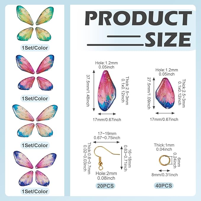 FASHEWELRY 16Pcs Resin Butterfly Wing Charms for Jewelry Making, Glitter Gradient Insects Wing Pendant Earrings Making Kit Golden Earring Hook Jump Rings