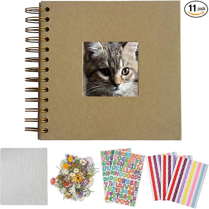 7×7 Inch Scrapbook Photo Album 40 Pages, Hardcover Kraft Paper with Window Memory Book for Wedding Travel Anniversary Baby Scrapbook Kit Flower & Letters & Corner Stickers Drawing Stencils