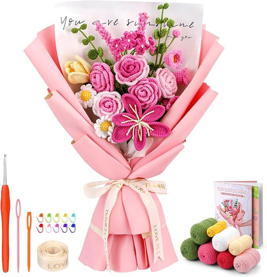 Iuuidu Crochet Kit for Beginners, Rose-Pink Flower Bouquet Crochet Kit, Knitting Kit with Step-by-Step Video Tutorials for Woman Birthday Anniversary Day Weddings Party Present, Home Decor