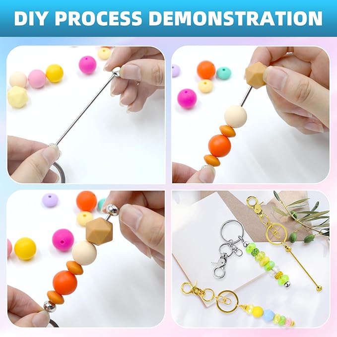 100 Pcs Beadable Keychains Bulk Kit – DIY Keychain Making Supplies with Metal Blanks for Crafts, Jewelry, Charms, Custom Projects – Blank Chain Bars for Beaded Keychain Design (Gold + Silver)