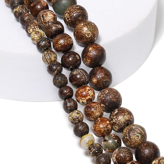 Stone Beads, 60pcs Brown Dragon Vein Agate, 6mm Round Loose Beads for Jewelry Making, Bracelets, with Bag, String & Card