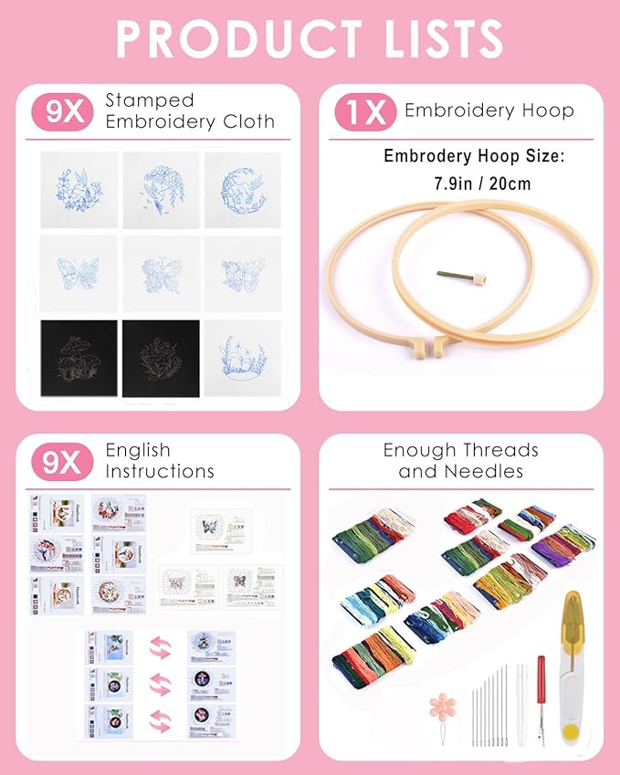 TINDTOP Embroidery Kit for Adult for Beginners, 9 Sets Hummingbird Butterfly Mushroom Flower Embroidery Kit for Beginners Include Embroidery Cloth Hoop Threads with Embroidery Skill Techniques