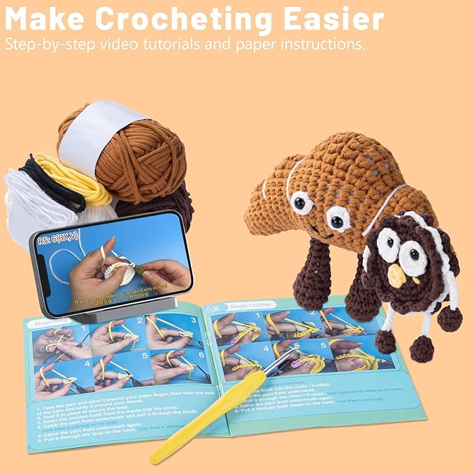 EOKPHULL Crochet Kit for Beginners, Easy DIY Crochet & Knitting Kit for Adults with Step-by-Step Video Tutorials, Yarns, Stuffing, Crochet Hook and Accessories, Crochet Craft Set