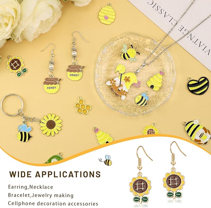 40Pcs Cartoon Enamel Bee Charms Set, 20 Styles Assorted Honeybee Honeycomb & Gnome Alloy Pendants for Jewelry Making Crafts DIY Necklace Bracelet Keychain Crafting Charms Kit