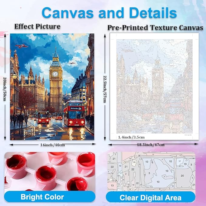 Artunion Big Ben Paint by Numbers Kit for Adults,London City Street Paint by Number Kits, DIY Oil Painting Paint by Number Kits on Canvas Arts Craft for Home Wall Decor 16x20 Inch