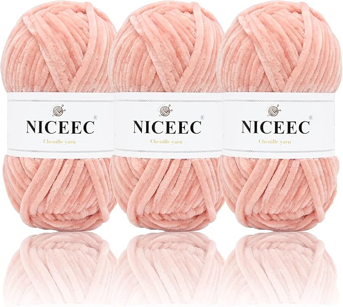 NICEEC 3 Skeins Soft Chenille Yarn Blanket Yarn for Knitting Fancy Yarn for Crochet Weaving DIY Craft Total Length 3×85m (3×93yds, 3×50g)_Incarnadine Pink