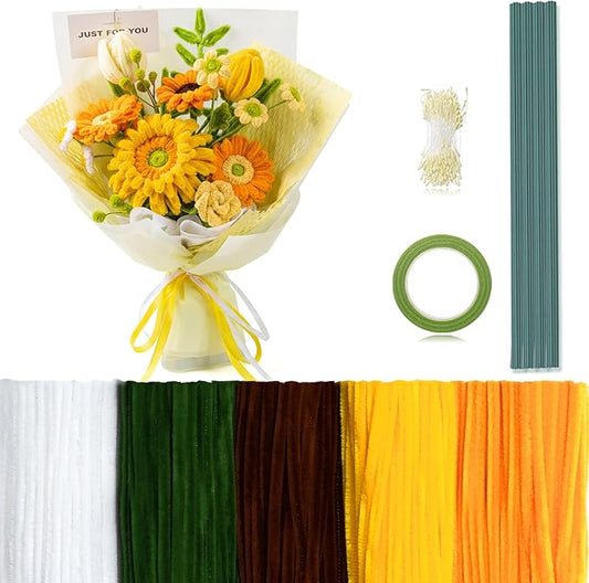 Peryiter 371 Pipe Cleaners Flowers Set, Mixed Colors Chenille Stems Bulk with Floral Wires, Gardening Tape, Stamen for DIY Flower Making Kit, Gift Idea for Mother's Day(Orange)