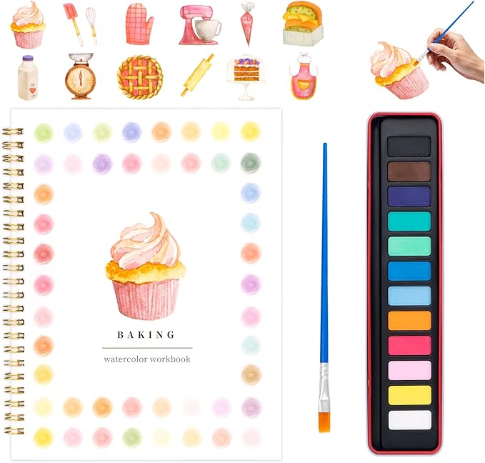 Watercolor Workbook for Adults, Beginner Friendly Watercolor Painting Kit Baking Pattern Water Coloring Book, Nature-Themed Practice Art Gift Water Color Paint Book with Palette and Brush