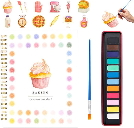 Watercolor Workbook for Adults, Beginner Friendly Watercolor Painting Kit Baking Pattern Water Coloring Book, Nature-Themed Practice Art Gift Water Color Paint Book with Palette and Brush