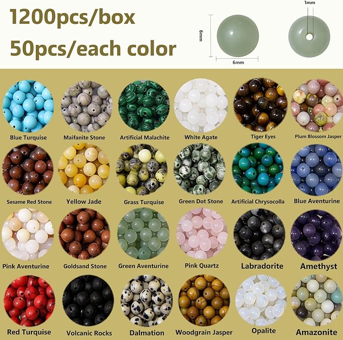 1200pcs 6mm Natural & Synthetic Round Stone Beads Gemstone Beading Loose Gemstone Hole Size 1mm DIY Smooth Beads for Bracelet Necklace Earrings Jewelry Making,Box Packed (24 Material-6mm)