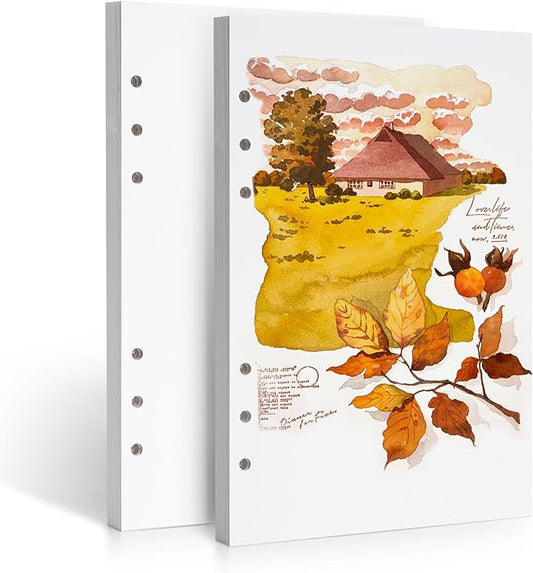 LIGHTWISH Watercolor Paper Bulk, 100% Cotton Hot Press 300gsm/140lb, 2 Pack, Total 40 Sheets A5 Hole-Punched Interchangeable Paper for Artists, Adults,Students,5.8 * 8.2 Inches
