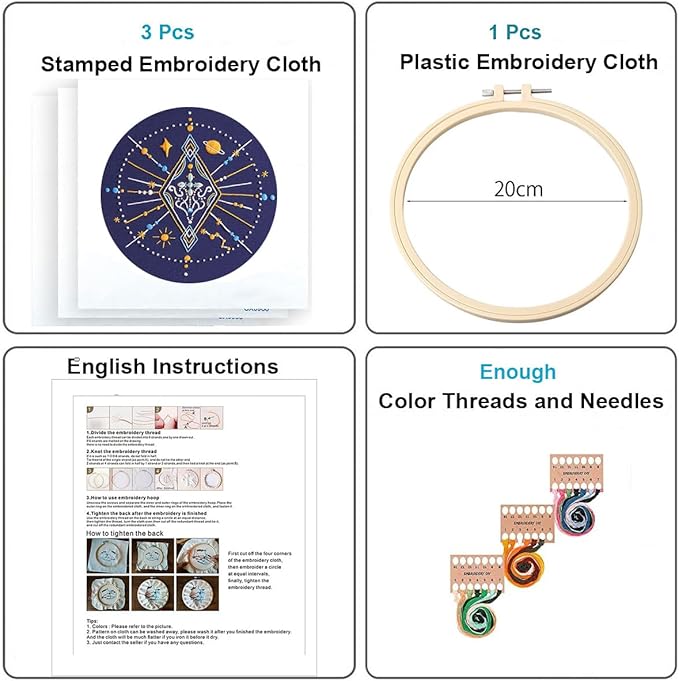 konrisa 3 pcs stamped embroidery starter kit for adults beginners, universe planet pattern cross stitch kits, diy sewing practice kit, needlepoint kits include 1pcs hoops, hanging decoration for home