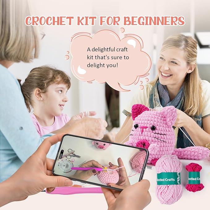 Vanttokeey Crochet Kit for Beginners, Animal Amigurumi Crochet Kits Included, Step-by-Step Video Tutorials, Beginner Crochet Kit for Adults and Kids, Crocheting Starter Set (Cat)