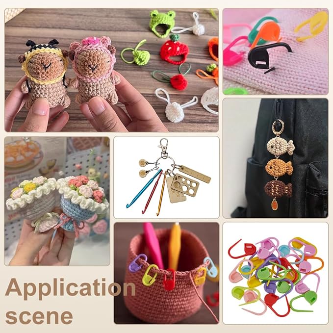 FINGERINSPIRE 26 Pcs Crochet Hook Kit 22x11x3mm Stitch Markers Mini Keychain Aluminum Crochet Hooks Knitting Needles Crochet Hook Keychain Portable Crochet Keychains Kit with Wooden Pendant and Pin