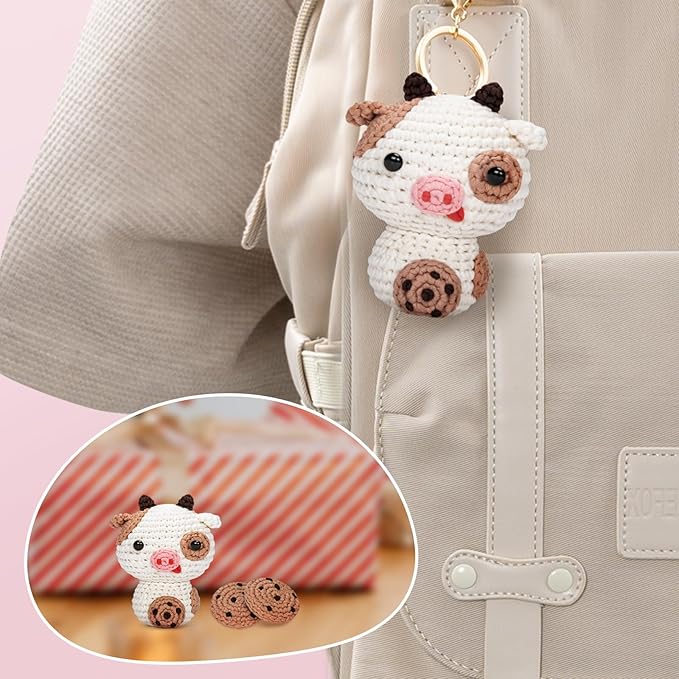 Mewaii Crochet Kit for Beginners Level 2 with 40% Extra Eco-Friendly Pre-Started Easy Yarn, Step-by-Step Video Tutorials for Adults and Kids (Cookie Cow)