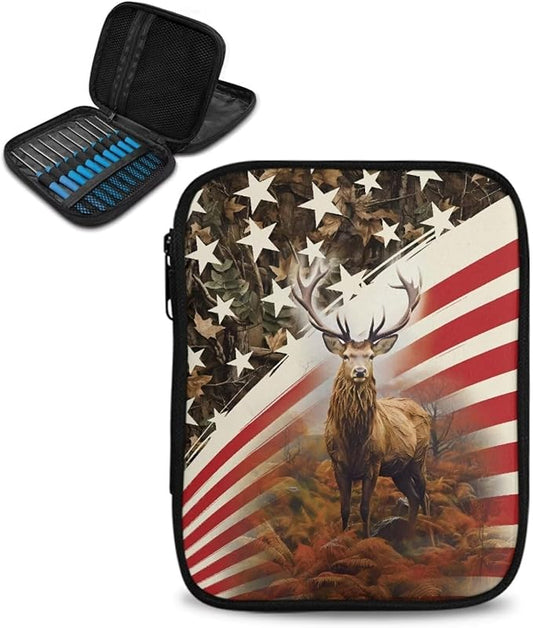Hechitok American Flag Deer Print Crochet Hooks Case Zipper Bags Portable Crochet Storage Bag with Web Pocket and Crochet Holder Slots for Carrying Various Crochets Needles