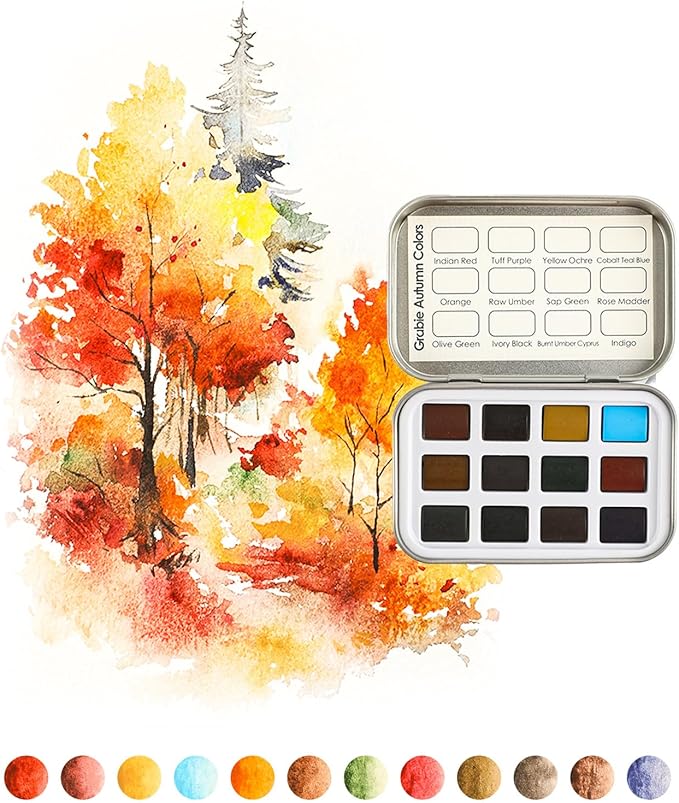 Grabie Pocket Watercolor Set of 12, Travel Watercolor Paint Set, Watercolor Paints, Art Supplies for Painting, Great Watercolor Set for Artists, Amateur Hobbyists and Painting (Autumn)