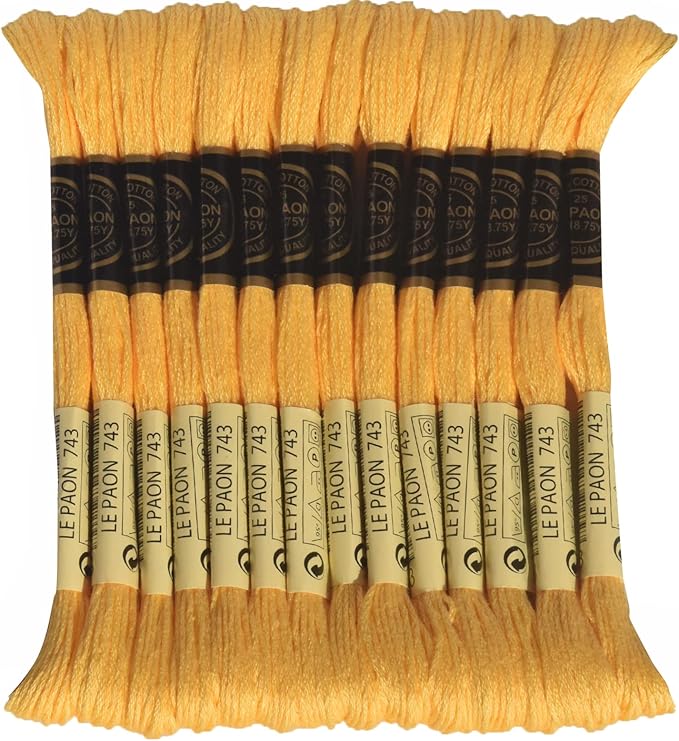 LE PAON Embroidery Floss, 14-Pack Six Strands 100% Long Staple Cotton Embroidery Thread, 8.7-Yard，Color Number：743, Medium Yellow