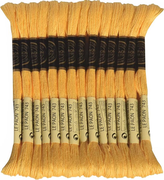 LE PAON Embroidery Floss, 14-Pack Six Strands 100% Long Staple Cotton Embroidery Thread, 8.7-Yard，Color Number：743, Medium Yellow