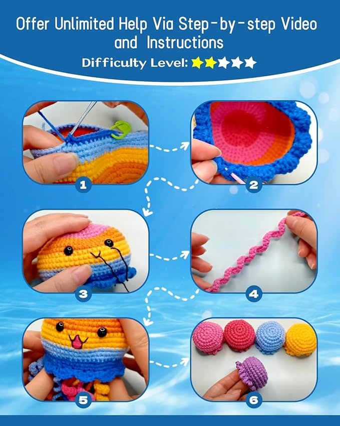 Fortilo Crochet Kit for Beginners 6PCS Crochet Animals Jellyfish Family with Step-by-Step Video Tutorials 30% Extra Yarn, Perfect for Gifts, Emotional Support, Ideal Knitting Kit for Adults, Kids
