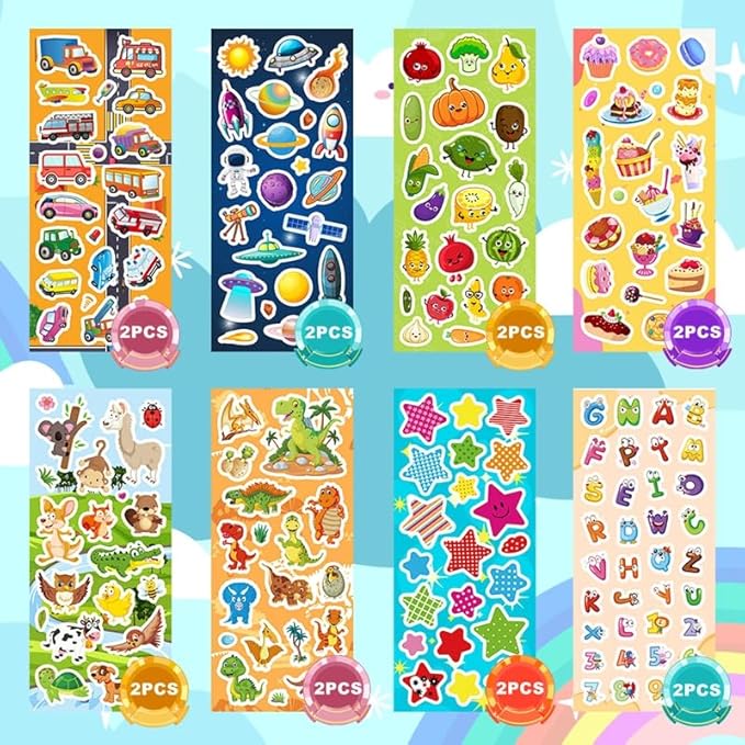 48 sheets stickers for kids, cute stickers variety pack for scrapbooking, teachers classroom prizes, goodie bag stuffers including animals, cars, dinosaurs, fishes, hearts, stars and more