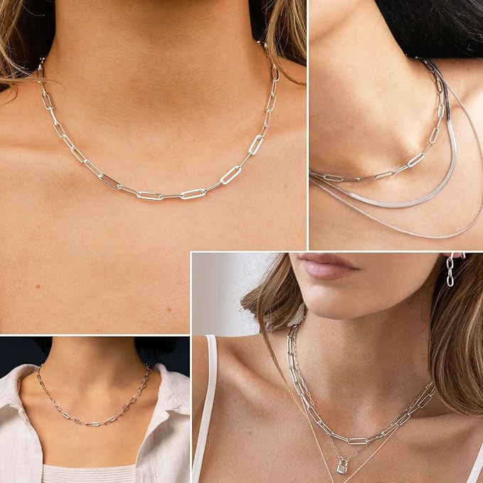 5 Pcs Paperclip Chain Necklace for Women 20 Inch Stainless Steel Silver Charm Necklace Chains Adjustable Link Chains with Lobster Clasps Polishing Cloth for DIY Women Jewelry Making Gifts Supplies