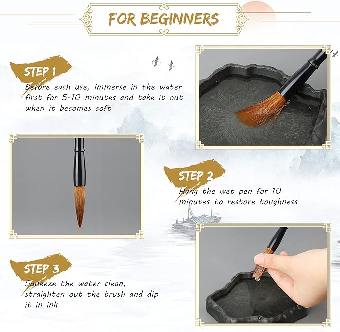 6 Pieces Chinese Calligraphy Brushes Painting Writing Calligraphy Brushes Watercolor Brushes Set Kanji Japanese Sumi Painting Drawing Brushes Kanji Art Brushes with Roll-up Brush Holder
