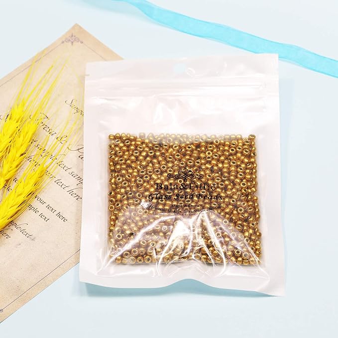 Bala&Fillic Golden Color 4mm Seed Beads About 1200pcs/100Grams in Bag, 6/0 Glass Craft Beads for Making Bracelet and Necklace (Golden)