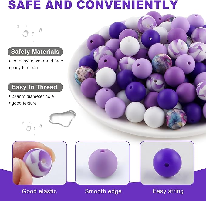 150Pcs Mixed Color 15mm Silicone Beads for Keychain Making, White Purple Print Silicone Beads for Pens and Bracelet Jewelry Making