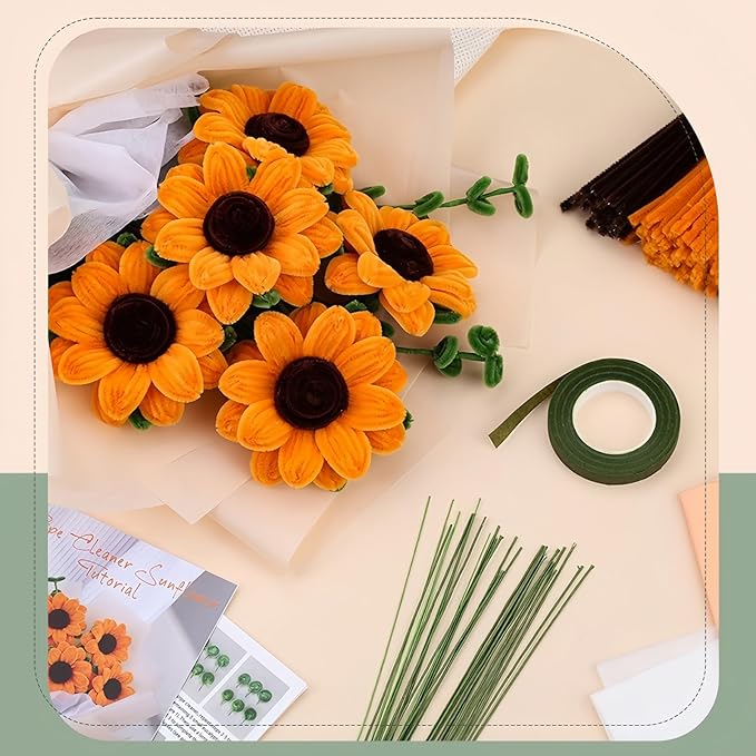 Sunflower Pipe Cleaners Craft Kit - 280Pcs Thick Chenille Stems in Yellow/Green/Brown, Include Floral Wires & Ribbon, DIY Flower Bouquet Making Supplies for Art Projects, Creative Decor, Handmade Gift