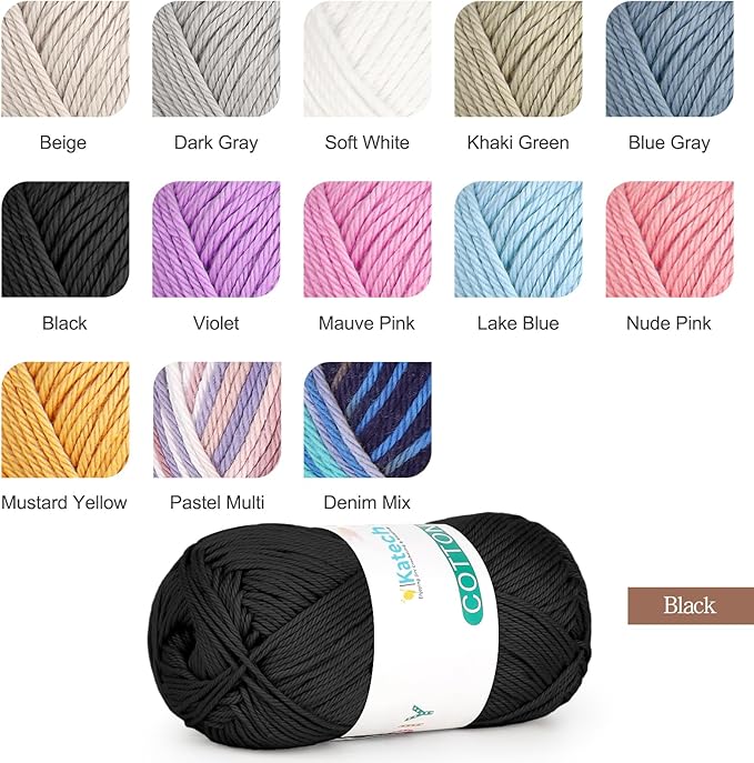 Katech Pure Cotton Yarn for Crocheting & Knitting–Soft Sport Weight CYC #2, 6 Skeins (50g Each, 300g Total), Ideal Crochet Yarn for Dishcloths, Baby Clothes, Socks, Lightweight Scarves（Black）