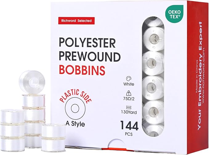 Poolin Prewound Bobbins Richword Selected 144pcs, Size A (Class 15 / SA156), 75D Polyester Bobbin Thread, Plastic Sided, for Single Needle Embroidery & Sewing Machines, White