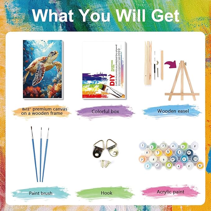 xackcme Turtle Paint by Numbers for Adults with Framed Canvas - with Wooden Easel, Sea Turtle Paint by Number on Canvas, DIY Acrylic Oil Painting Kits with Brushes for Home Wall Decor (8x12 inch)
