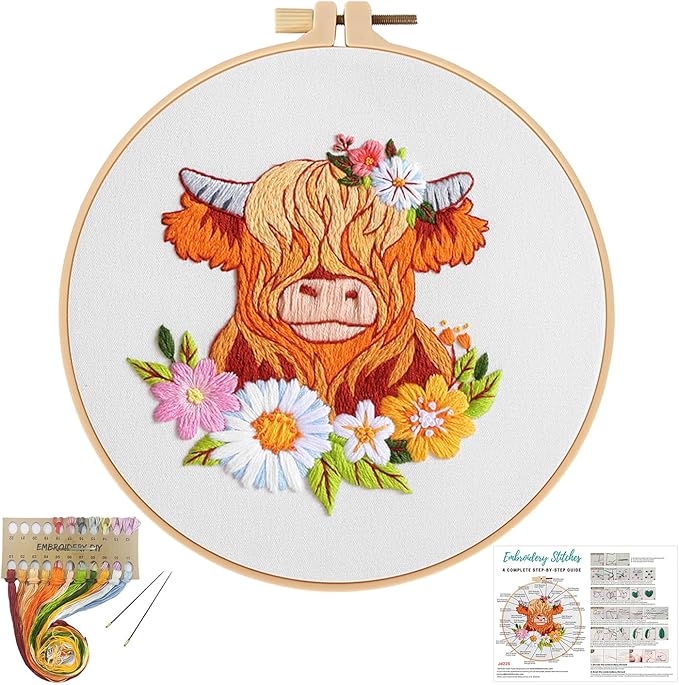 Louise Maelys Highland Cow Embroidery Kits for Beginners,Cross Stitch Kit for Adults,DIY Needlepoint for Starters Including Cloth Hoop Needles Instruction and Threads