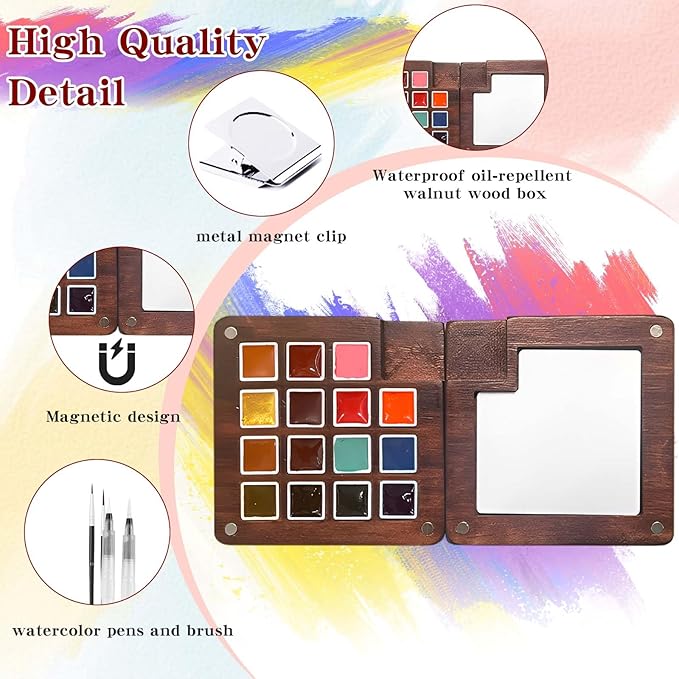 Mini Watercolor Paint Set - 15 Color Travel Watercolor Palette Set - Portable Water Color Paint Set with Binder Clips, Watercolor Brush Pens, Wooden Box for Beginners Painters Artists Student