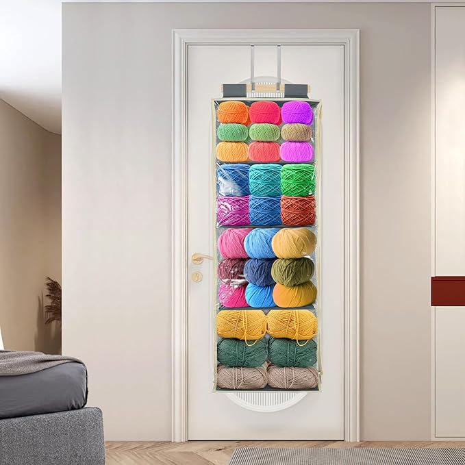 Hlimior Clear Hanging Yarn Storage with 4 Large Pockets, Clear Knitting Organizer Storage with Zippers for Crochet Lovers, Hanging Yarn Holder with Over-Door Hooks for Knitting Needles Crochet Hooks