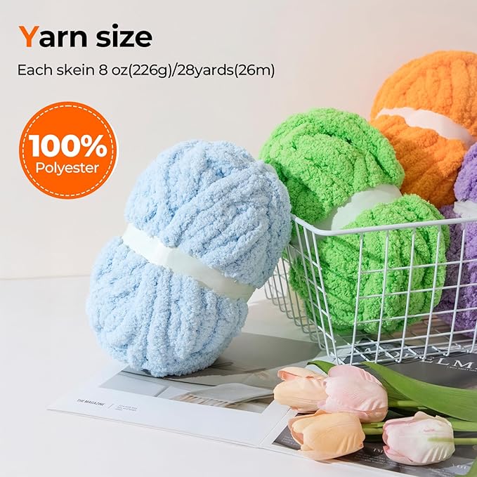 Assorted Chunky Yarn for Hand Knitting,Soft Jumbo Bulky Fluffy Chenille Yarn for Crocheting,Blanket Scarf DIY,8 Pack(28yds, 8 Ounces Each)