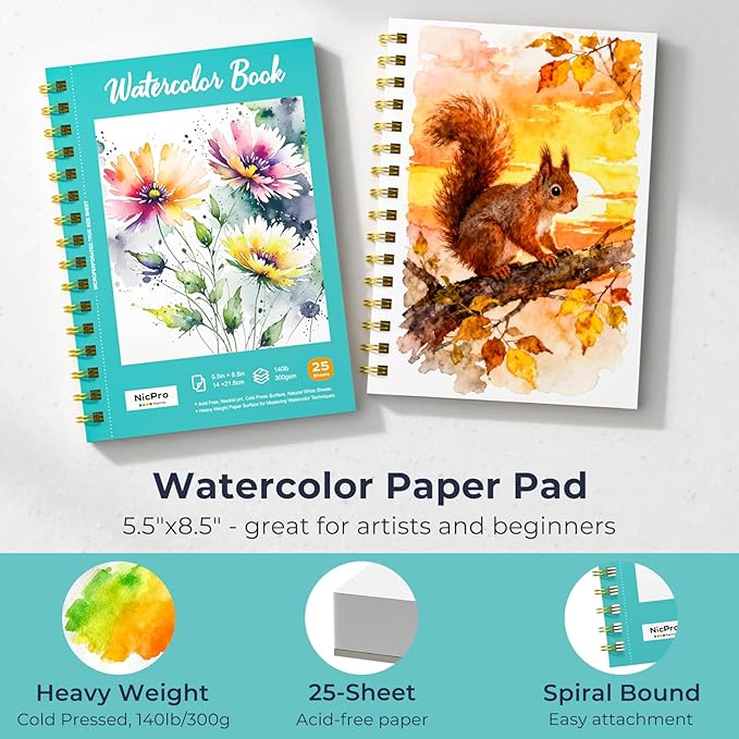 nicpro watercolor paint set for adults, 36 colors watercolor tube set (12ml,0.4oz) with10 paint brushes, 25-sheet watercolor paper book, palette, water color painting supplies for artists beginners gift