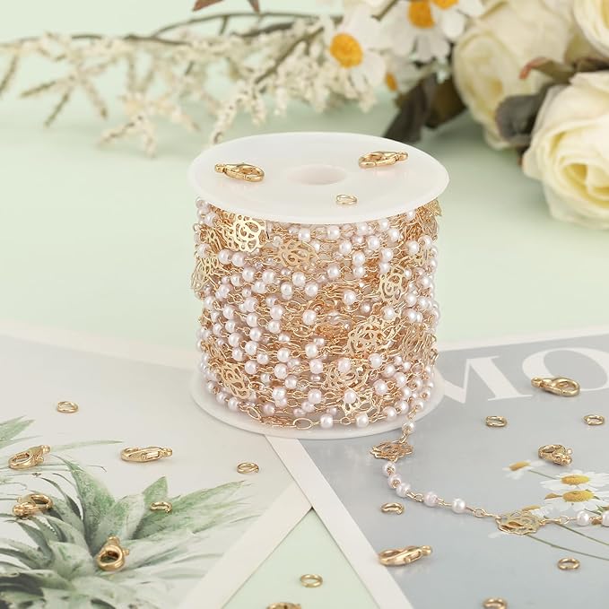 KYUNHOO 16.4 Feet 3MM Faux Pearl Bead Chain for Jewelry Making Rose Flower Link Brass Cable Chains Bulk with Clasps for Handcraft DIY Finding Supplies