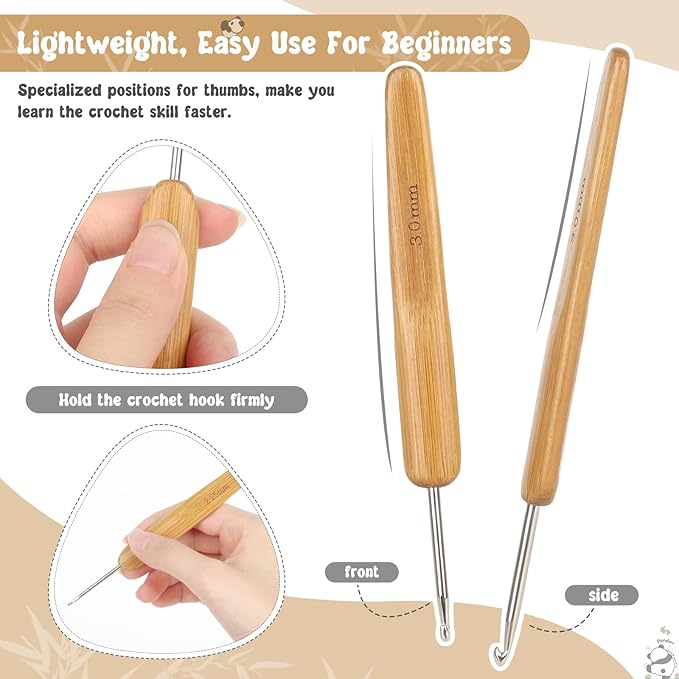 Katech 10 pcs Crochet Hooks Ergonomic Crochet Needles Bamboo Wooden Handle Small Size Crochet Hook (0.75-3.0 mm) Knit Weave Yarn Craft DIY Sewing Tools for Fine Work, Thin Yarn and Lace Knitting