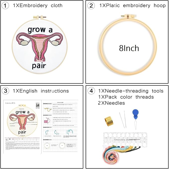 Hand Embroidery Kits for Beginners Adults, Grow a Pair Uterus Embroidery DIY Kit, Stamped Cross Stitch Kits for Beginners Adult Craft Kits for Women, Entire Set of Embroidery Supplies & Video Tutorial
